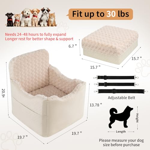 Dog Car Seat for Small Medium Dogs - 6.7inch Elevated Dog Booster Car Seats with Deluxe Rose Plush, Washable Safety Pet Carseat Travel Bed with 2 Safety Belts and Storage Pockets(Beige) - color: Beige