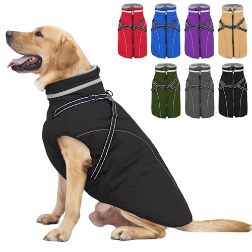 Fragralley Dog Coat with Harness Built in, Waterproof Windproof Reflective Warm Puffer Jacket, Fleece Lined Vest Winter Parka for Small, Medium, Large Dogs - color: Black, size: Large