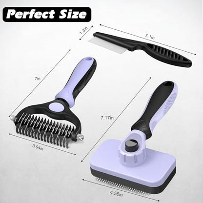 3PCS Self Cleaning Slicker Brush & Pet Grooming Rake & Flea Comb for Dogs,Cats and Horses | Double-Sided Dematting Comb & Skin Friendly Deshedding Grooming Tool | Pet Supplies(Light Purple) - color: Light Purple