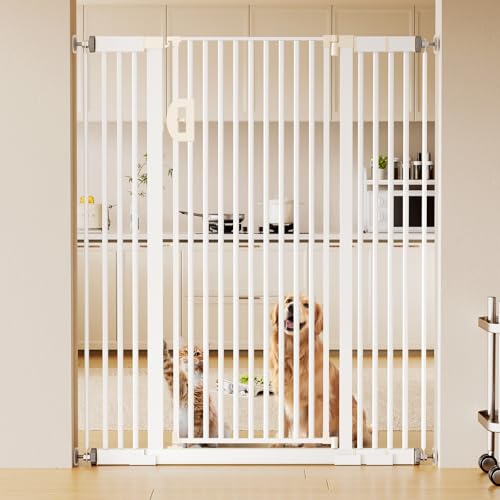 Fldofaves Extra Tall Pet Gate, 57" Cat Gate for Doorway, Pressure Mounted Auto Close Dog Gate, Ultra Narrow Bar Spacing No Drill Gate for Stairs, Doorways, Hallways, Fits 29.5"-43" Openings - color: White
