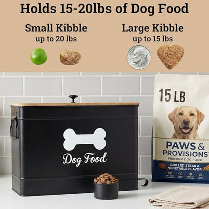 Dog Food Container Airtight 15-20 lb (70 Cup) Capacity with Metal Scoop - Cute Airtight Dog Food Storage Container with Bamboo Lid - Black Metal Kibble Storage Bin for Dogs up to 100 lbs - Big Pet Jar - color: Black