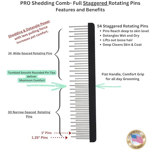 Shedding Comb - Full Staggered EXTRA-Long Shedding and Dematting Rotating Tooth Comb for Grooming Dogs and Cats
