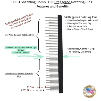 Shedding Comb - Full Staggered EXTRA-Long Shedding and Dematting Rotating Tooth Comb for Grooming Dogs and Cats