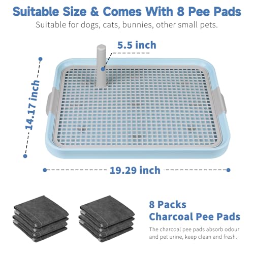 CUHIOY Dog Potty Tray Toilet 20"x14" - Indoor Pee Pad Holder with 8pcs Training Pads, Puppy Mesh Potty with Secure Latch for Small Medium Puppies - Blue - color: Blue