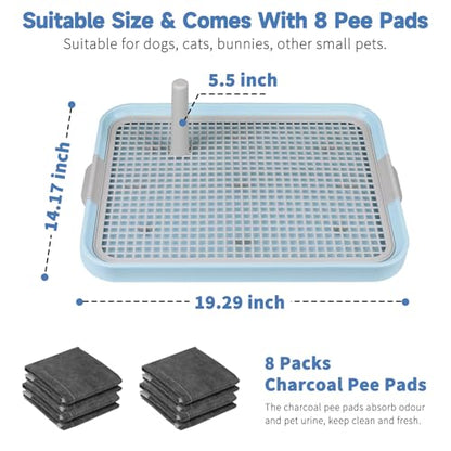CUHIOY Dog Potty Tray Toilet 20"x14" - Indoor Pee Pad Holder with 8pcs Training Pads, Puppy Mesh Potty with Secure Latch for Small Medium Puppies - Blue - color: Blue