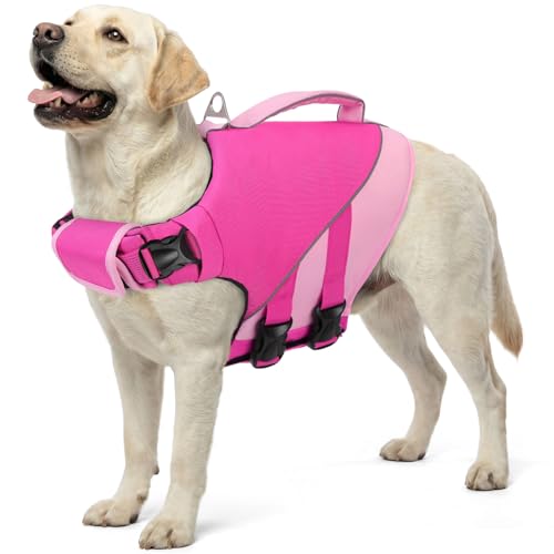 Queenmore Dog Life Jacket, Dog Life Vest for Swimming Boating, Pet Swim Vest for Large Dogs, Ripstop High Visible Water Vests with Strong Rescue Handle, Pink XL - color: Pink, size: X-Large