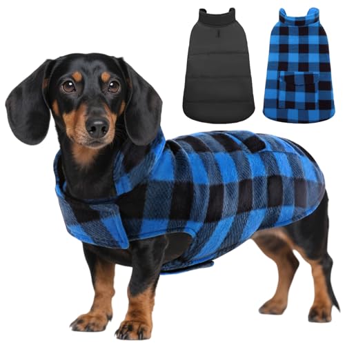 ASENKU Dog Winter Coat, Fleece Doggie Jacket Plaid Reversible Vest Waterproof Windproof Cold Weather Clothes for Small Medium Large Dogs (XS, Blue) - color: Blue, size: X-Small