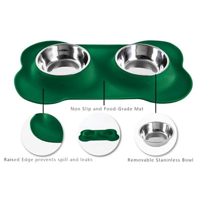 Hubulk Pet Dog Bowls 2 Stainless Steel Dog Bowl with No Spill Non-Skid Silicone Mat + Pet Food Scoop Water and Food Feeder Bowls for Feeding Small Medium Large Dogs Cats Puppies (Small, Hunter Green) - color: Hunter Green, size: Small