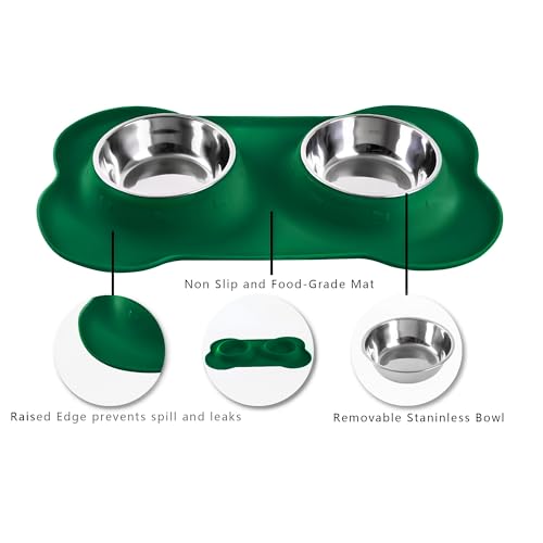 Hubulk Pet Dog Bowls 2 Stainless Steel Dog Bowl with No Spill Non-Skid Silicone Mat + Pet Food Scoop Water and Food Feeder Bowls for Feeding Small Medium Large Dogs Cats Puppies (Medium, Hunter Green) - color: Hunter Green, size: Medium