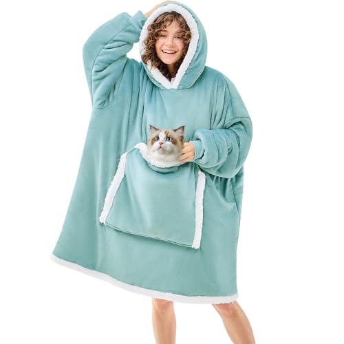JOYWOO Wearable Blanket Hoodie,Oversized Cat Lovers Sweatshirt Blanket for Adult & Teens, Birthday Gifts for Women Men Mom Girl Boys,Cozy Sherpa Fuzzy Blanket Giant Pocket Gifts,Blue Gray Small - color: Blue Grey, size: Small