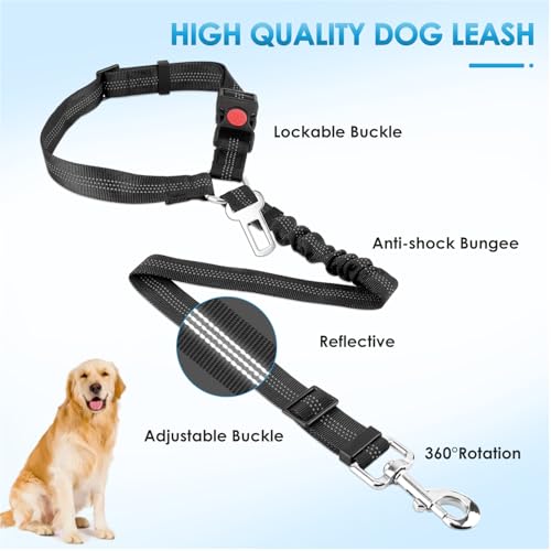 Lukovee Dog Seatbelt Leash for Cars, 2 Pack Pet Safety Car Seat Belt with Adjustable Buckle & Reflective Bungee, Connect Dog Harness in Vehicle Car Dogs Restraint Travel Daily Use (Black) - color: B-Black