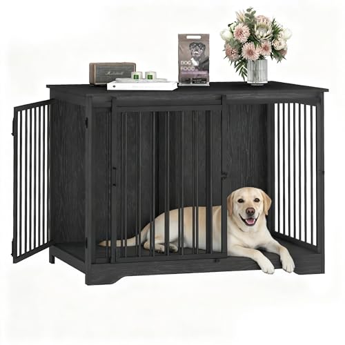 Hzuaneri 43.3" Dog Crate Furniture with Barn Door, Heavy Duty Dog Kennel Indoor with 2 Doors, Wooden Pet Cage End Table for Large Small Medium Dogs, Anti-Chew Anti-Escape, Black DFC92304B - color: Black, size: 43.3"L x 27.5"W x 31.8"H