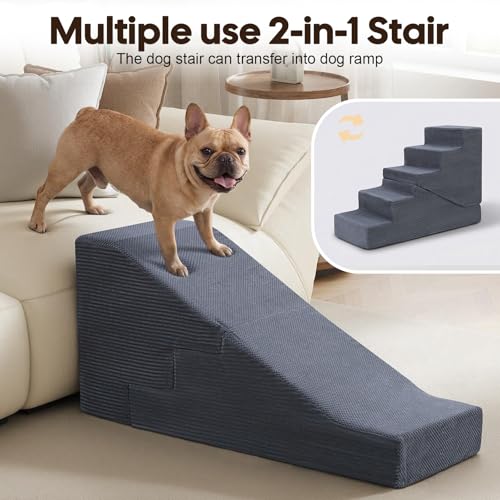 Dog Ramp for Bed Couch, 25.6" H Dog Stairs for Small Dogs | 2 in 1 Transformable 5-Step Pet Steps for Bed, Foldable Cats Ramp to Get on Bed, Non-Slip Balanced, Grey - size: 15.7 X 35.3 X 25.6 In