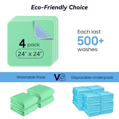 4 Pack 24” x 24” Extra Heavy Absorbency Washable Underpads, Waterproof Nursing Pads Incontinence Bed Pads, Reusable Washable Pee Pads for Dogs, Diaper Changing & Adults, Washable Puppy Pads - size: 4 Pack - 24" x 24"