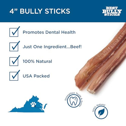 Best Bully Sticks 4 Inch Bully Sticks for Dogs - 8 oz (Pack of 1) - Natural Grass-Fed Dog Treats Small Breed, Grain and Rawhide-Free, Perfect for Small or Young Canines