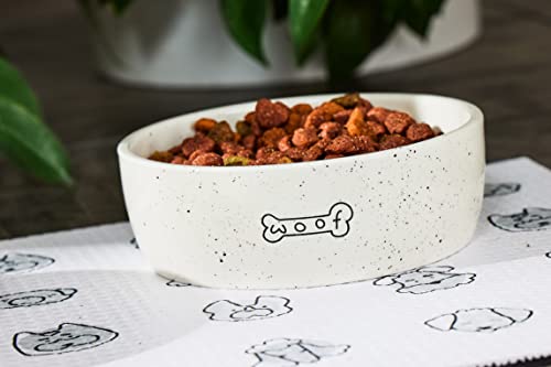 Pearhead Ceramic Dog Bowl – “Woof” Speckled Pet Food & Water Dish, Durable Stoneware, Non-Slip Heavy Base, 20 oz, Medium - color: White "Woof" Bowl, size: Medium