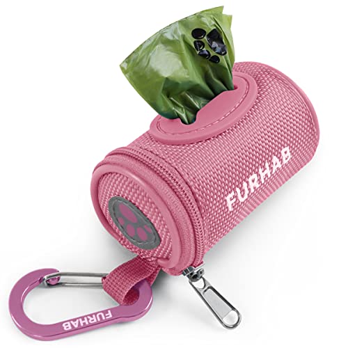 FURHAB Dog Poop Bag Holder for Leash Doggie Waste Bag Dispenser Soft Fabric Puppy Potty Carrier Small Doggy Zipper Pouch with Carabiner Clip 1680D Nylon Oxford with 1 Roll of Pet Trash Bags, Pink - color: Pink