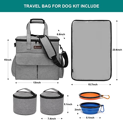 Modoker Dog Travel Bag, Weekend Pet Travel Set for Dog and Cat, Airline Approved Tote Organizer with Multi-Function Pockets, 2 Food Storage Containers, 2 Collapsible Bowls, 1 Feeding Mat (Grey) - color: Ash Grey