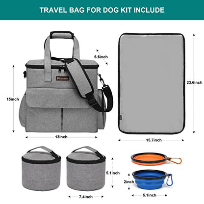 Modoker Dog Travel Bag, Weekend Pet Travel Set for Dog and Cat, Airline Approved Tote Organizer with Multi-Function Pockets, 2 Food Storage Containers, 2 Collapsible Bowls, 1 Feeding Mat (Grey) - color: Ash Grey