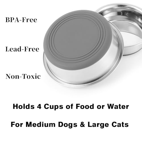 Stainless Steel Dog Bowls 2 Pack – 4 Cup Pet Food & Water Bowls with Non-Slip Rubber Base, Dishwasher Safe, for Medium Dogs & Large Cats - size: 4 Cup
