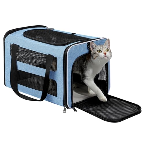 Cat Carrier Soft-Sided Travel Bag for Medium to Large Cats Over 15lbs, Small Dog Carrier Crate Top Entry Breathable Mesh Puppy 12 Pounds, Pet Rabbit Carrying Cage Kennel Collapsible Blue - color: Blue