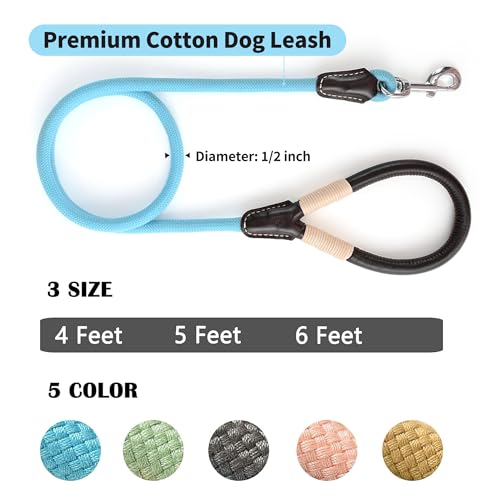 Mile High Life Dog Leash, Rope Leash with Genuine Leather Handle and Heavy Duty Metal Clasp, Great for Small Medium Large Dogs (Blue, 4FT) - color: Leather Handle-Blue, size: 48 Inch-1/2"