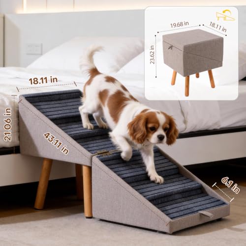 Dog ramp for Small Dogs, 2-in-1 Pet Steps & Ottoman - Foldable Dog ramp for Couch, Non-Slip Wooden Pet ramp for Puppy Senior Injured Dogs (Light Brown, XXL(21.06H)) | Tall 6-step stairs for medium large dogs to high bed Convertible to bedside nightstand.