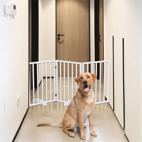 Wooden Dog Fence,24”H Free Standing Pet Gate for Dog Cat, Tall Wooden Dog Gates for Doorway, Stairs, Foldable Pet Fence for The House, Expandable Dog Barrier, Indoor Use, White