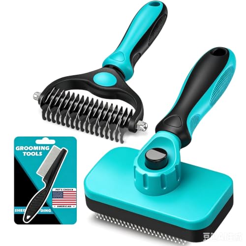 Professional 3PCS Self Cleaning Slicker Brush & Pet Grooming Rake & Flea Comb for Dogs,Cats and Horses | Double-Sided Dematting Comb & Skin Friendly Deshedding Grooming Tool (Cyan) - color: Cyan