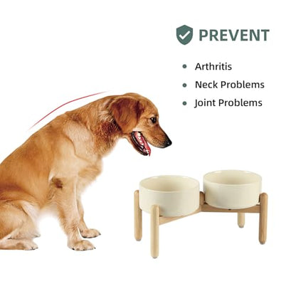 Havniva 7.3inch Ceramic Raised Dog Bowl with Stand, Double Dog Bowls Elevated for Medium Breed Dog Food and Water Bowl Set Non-Slip Dog Dish Large Capacity Feeding Pet Water Bowl - color: 2 Bowls+Stand - Light Yellow, size: 7.3inch