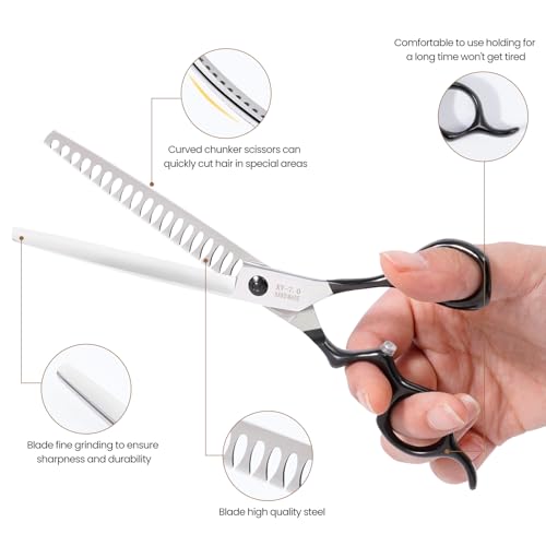 Dog Grooming Scissors,Curved Chunkers Shears Deg Grooming with Safety Round Tips, Sharp and Comfortable 4 in 1 Dog Scissers for Grooming