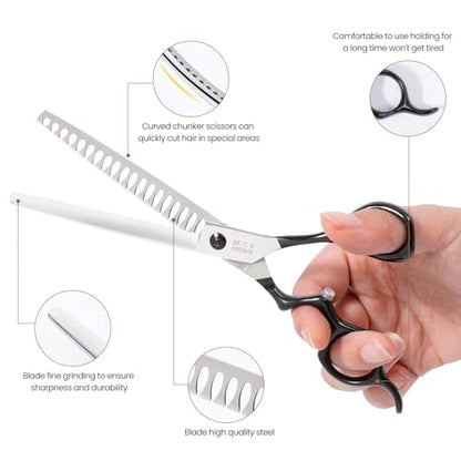 Dog Grooming Scissors,Curved Chunkers Shears Deg Grooming with Safety Round Tips, Sharp and Comfortable 4 in 1 Dog Scissers for Grooming