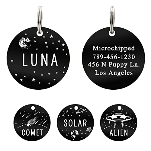 Ultra Joys Stainless Steel Pet ID Dog Name Tag - Personalized Front and Back Engraving, Customized for Dogs and Cats, Optional Both Sides Engraving, Round With Moon/Luna Design, Small - color: ..Round-moon, size: Small