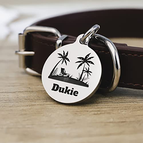 Deep Engraved Dog ID Tag Stainless Steel Personalized Customized Unique Pet ID Card Wolf Round (Beach L) - size: Beach L