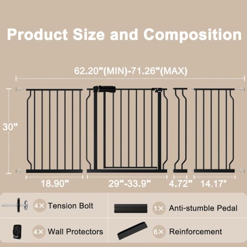 WAOWAO Baby Gate 158-181cm(62-71인치) 엑스트라 와이드 압력 장착 워크 스루 스윙 자동 닫힘 안전 블랙 메탈 유아 어린이 개 애완동물 강아지 계단, 출입구, 주방용 - color: 블랙., size: 62.2-70.6"/158-179.32cm