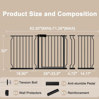 WAOWAO Baby Gate 158-181cm(62-71인치) 엑스트라 와이드 압력 장착 워크 스루 스윙 자동 닫힘 안전 블랙 메탈 유아 어린이 개 애완동물 강아지 계단, 출입구, 주방용 - color: 블랙., size: 62.2-70.6"/158-179.32cm