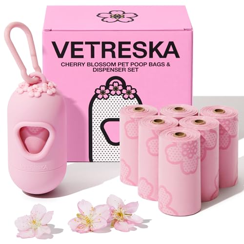 VETRESKA Dog Poop Bag Dispenser with Cherry Blossom Scented Poop Bags, Leak Proof and Extra Thick Pet Waste Bags, 1 Poop Bag Holder and 105 Bags for Dog Walking and Cats Litter, Pink - size: 1 Count (Pack of 105), style: Cherry Blossom