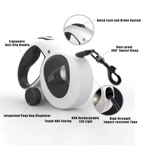 HCY&WLD Upgrade 4-in-1 Retractable Dog Leash with LED Light & Dispenser & Poop Bags, 16 ft Heavy Duty Dog Leash with Anti-Slip Handle for Dogs up to 66 lbs, 360° Tangle-Free, One Button Brake & Lock - size: Medium