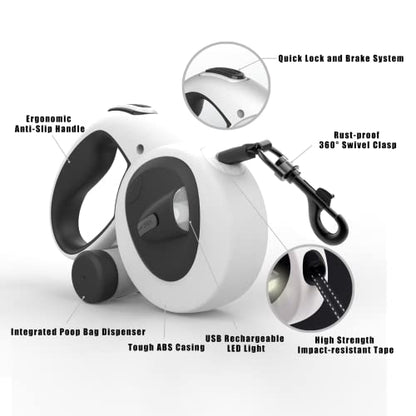 HCY&WLD Upgrade 4-in-1 Retractable Dog Leash with LED Light & Dispenser & Poop Bags, 16 ft Heavy Duty Dog Leash with Anti-Slip Handle for Dogs up to 66 lbs, 360° Tangle-Free, One Button Brake & Lock - size: Medium
