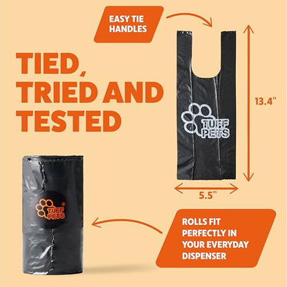 Tuff Pets Heavy Duty Dog Poop Bag With Handles - 16 Rolls of Pet Waste Bags - Fits in any Dogs Poo Bag Dispenser or Holder - Thick Dog Poop Bags - style: Orange- Cornstarch