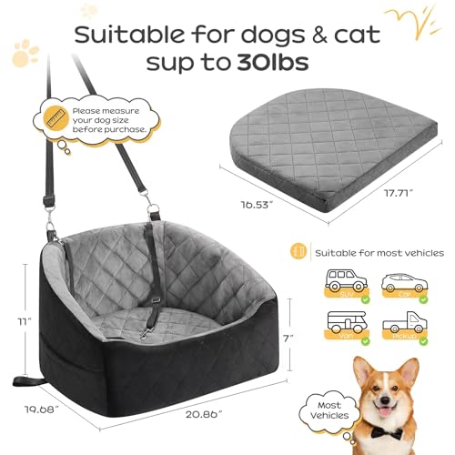 Dog Car Seat for Small Dogs Up to 30 Lbs, Pet Travel Safety Bed for Puppy Cat, Fits in Front/Back Seat, Anti Slip Base, Fully Detachable Washable with 2 Safety Tether(Grey-Black) - color: Grey-Black