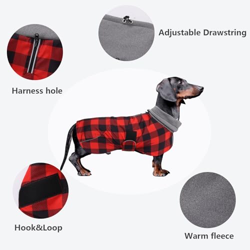 Dachshund Coats Waterproof Perfect for Dachshunds Sausage Weiner Dog Winter Coat with Padded Fleece Puppy Snowsuit with Adjustable Bands Reflective Stripe - PlaidRed - S - color: Plaid Red, size: Small