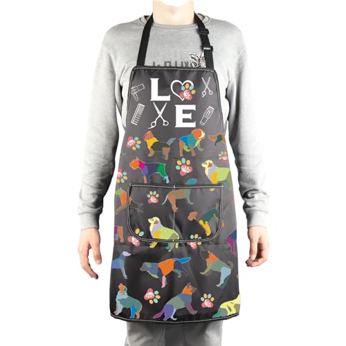 MBMSO Dog Grooming Apron Dog Kitchen Cooking Apron Dog Lover Gift for Groomer Waterproof Apron Colorful Dog Apron with Pocket