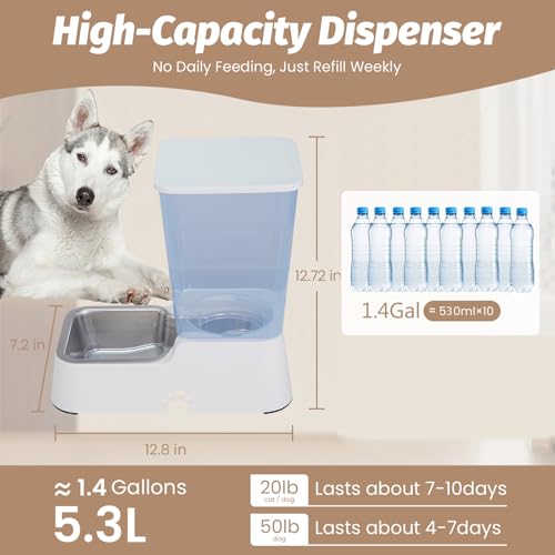 Automatic 5.4L/1.4Gal Pet Waterer, Pet Automatic Dog Water Dispenser Gravity Stainless Steel Water Feeder, Large Capacity Feeding Bowls for Cats and Medium & Large-Sized Dogs (White, Water) - color: White, size: Water Only