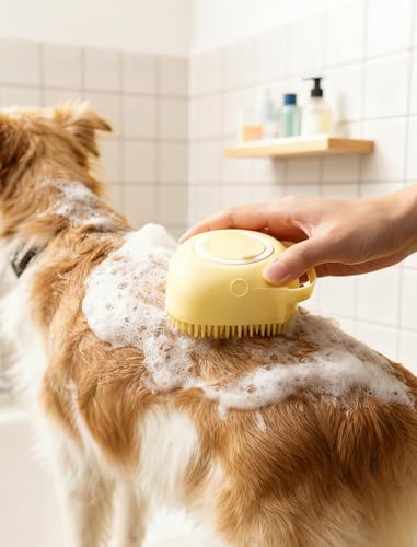 Silicone Dog Bath Brush – Dog Grooming Shampoo Scrubber with Soap Dispenser, Perfect for Shedding, Bathing, and Grooming, Ideal for Short and Long-Haired Dogs, Yellow - color: yellow