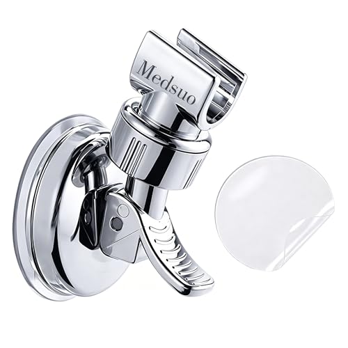 Medsuo Adjustable Shower Head Holder with Sticky Pad, Removable Suction Cup Shower Head Bracket No Drill Shower Head Bracket with Chrome Polished for Bathroom