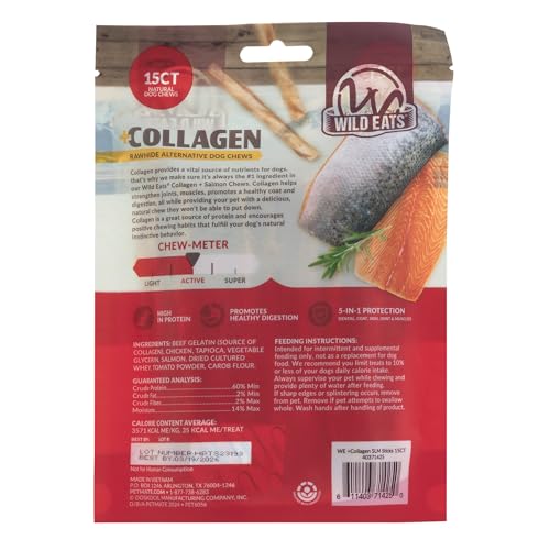 Wild Eats Real Salmon Collagen Bully Sticks for Dogs, 15 Count, 1cm Thick | Long lasting chew treats, satisfies natural gnawing urges, keeps pups busy and engaged, suits small, medium and big breeds - size: 5.3 Ounce (Pack of 15)