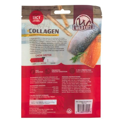 Wild Eats Real Salmon Collagen Bully Sticks for Dogs, 15 Count, 1cm Thick | Long lasting chew treats, satisfies natural gnawing urges, keeps pups busy and engaged, suits small, medium and big breeds - size: 5.3 Ounce (Pack of 15)
