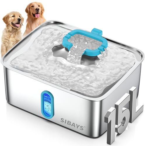 SIBAYS 4Gal/15L Large Dog Water Fountain, Stainless Steel Pet Water Fountain with Water Level Window and LED Light, Ultra Quiet Automatic Dog Water Bowl Dispenser, Easy to Clean(FS78, Silver-Blue) - color: Silver-Blue