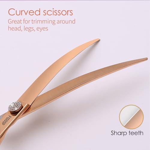 Rose Gold Titanium Dog Grooming Scissors Set 4PCS Curved Thinning Straight Chunkers Shears Kit with White Artificial Diamonds Ergonomic Offset Handle Japan 440C Sharp and Durable - size: 8 inch, style: Dog Scissors Kit